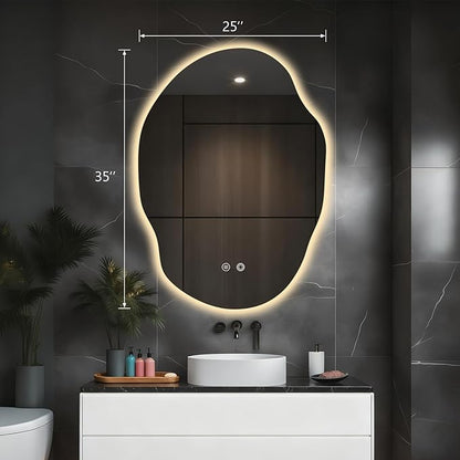 Asymmetrical Bathroom Mirror with Lights,Irregular LED Bathroom Vanity Mirror with Backlit,Anti-Fog,3 Colors and Dimmable Light with Memory,Hardwired Supported[Horizontal/Vertical] 35" H x 25" W