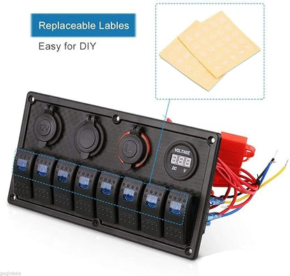 MKING Marine Switch Panel - 8 Gang Waterproof Rocker Panel With Circuit Breaker, USB & Type-C Charger, Digital Voltmeter, Cigarette Socket, 12V Blue LED