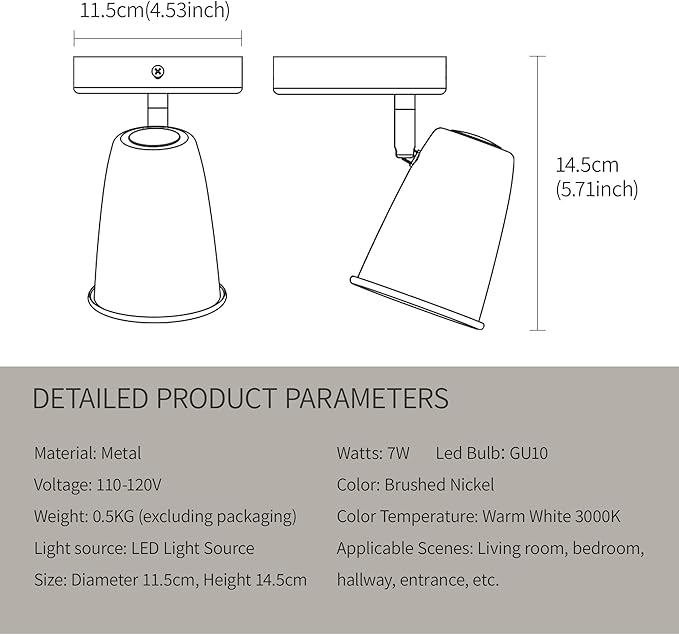 Ceiling Spotlight Indoor, Adjustable Angle 7W LED GU10 Replaceable, 3000K Warm White Flicker-Free,Accent Light for Living Room Bedroom Corridor Mural,Brushed Nickel
