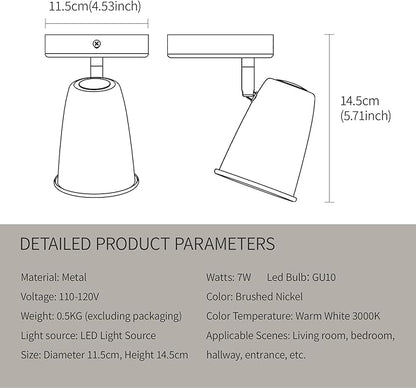 Ceiling Spotlight Indoor, Adjustable Angle 7W LED GU10 Replaceable, 3000K Warm White Flicker-Free,Accent Light for Living Room Bedroom Corridor Mural,Brushed Nickel