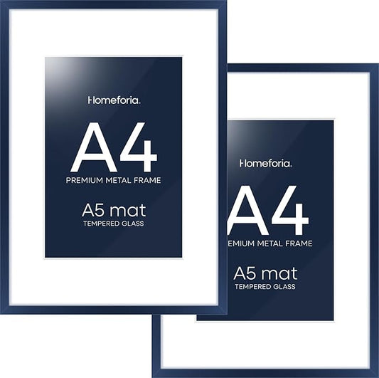 Homeforia A4 Picture Frame Navy Blue, High End Metal 8.3 x 11.7 inch Poster Frames with Mat 5.8 by 8.3 Art, A4 Size Frames Matted to A5 Photo, 8.3x11.7 Wall or Tabletop Frame, Tempered Glass, Set of 2
