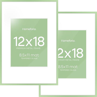 Homeforia 12x18 Picture Frame Sage Green, High End Metal 12x18 Poster Frames with Mat 8.5x11 in Photo, 12 x 18 Sage Green Frame Matted to 8.5 by 11 Art, 18x12 Frame, Tempered Glass, Wall Kit, Set of 2