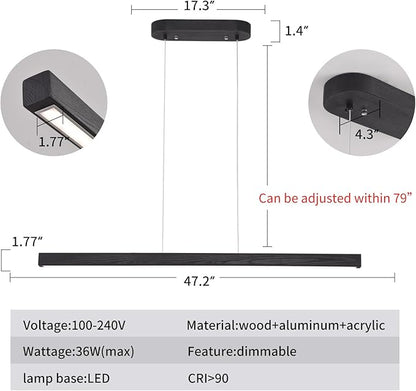47" Black Linear Pendant Light Wooden Led Linear Pendant Light Fixtures Ceiling Hanging Dimmable Pendant Lights for Dining Room Kitchen Island Pool Table Lights Black Wood Finish