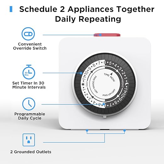 G-ELEK Timers for Electrical Outlets Indoor, 24-Hour Dual Outlet Timer, Christmas Tree Timer Indoor, 3 Prong Light Timers Indoor, Daily Cycle, 125V 15A, ETL Listed