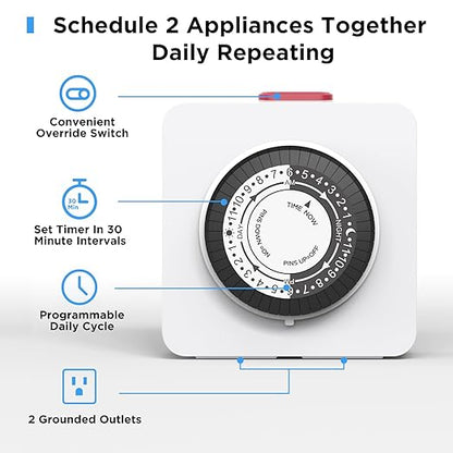 G-ELEK Timers for Electrical Outlets Indoor, 24-Hour Dual Outlet Timer, Christmas Tree Timer Indoor, 3 Prong Light Timers Indoor, Daily Cycle Lamp Timer, 125V 15A, ETL Listed, 2 Pack