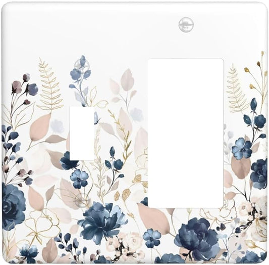 Blue Flora Boho Vintage Flower Golden Leaves Outlet Covers 1 Toggle 1 Rocker Combination Decorative Wall Plate Electrical Switch Plates Light Switch Cover Plate for Bedroom Living Room Decor