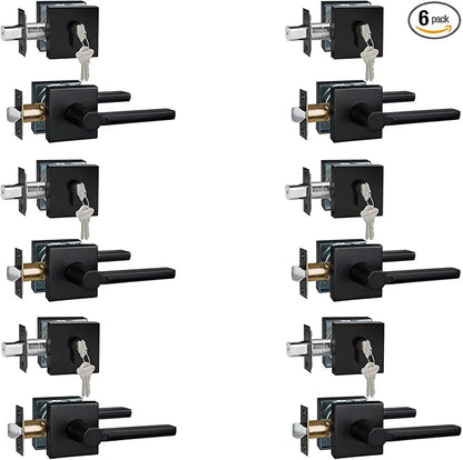 6 Sets Passage Door Lever and Single Cylinder Deadbolt Lock Set, Heavy Duty Square Handle for Entrance and Front Door, Matte Black, Different Keys