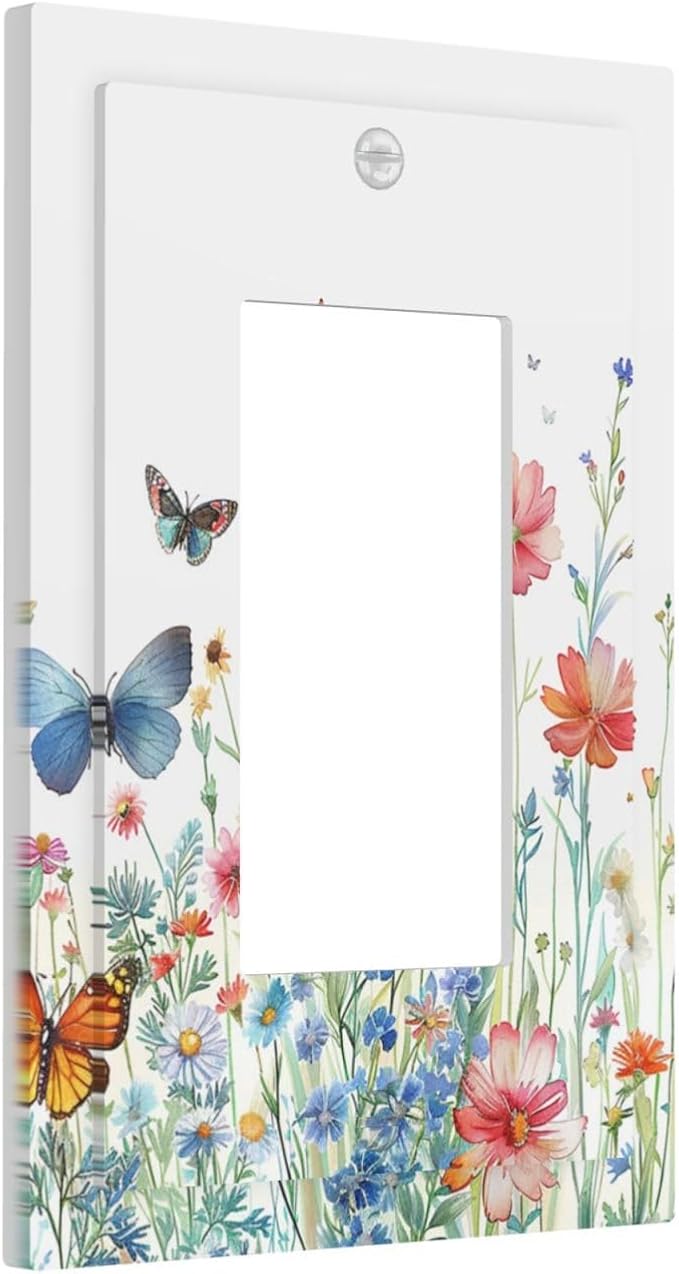 Decorative Outlet Covers Rustic Wildflower Blue Pink Floral Butterfly 1 Gang Rocker Light Switch Cover Plate Single Wall Plates for Electrical Outlets Switch Plate Covers for Home Decor