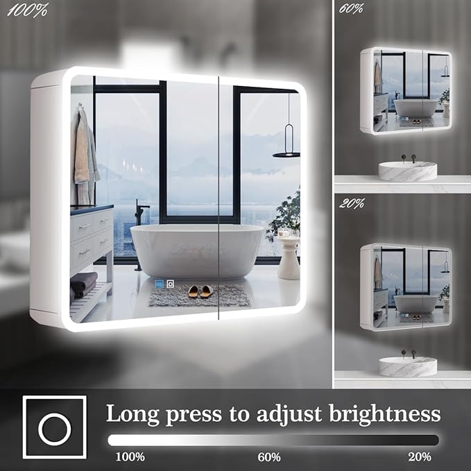 28 x 32 Inch White Medicine Cabinet LED Mirror with Lights 3 Color Dimmable Anti-Fog 2 Door 32 Inch Bathroom Lighted Medicine Cabinet with Mirror and Lights Storage for Bathroom Wall
