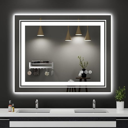 39x31 LED Bathroom Mirror with Front and Backlight, Dimmable Lighted Bathroom Vanity Mirror with Anti-Fog, Memory Function,Tempered Glass(Horizontal/Vertical)