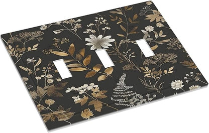 Decorative Switch Plates Black Gold Floral Dark Leaves Vintage Flowers 3 Gang Wall Plate Triple Toggle Light Switch Cover Faceplate Electrical Wall Panels for Bed Room Home Decor