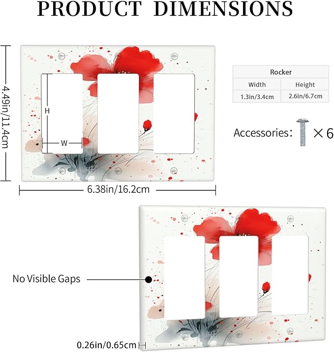 Vintage Watercolor Red Flowers Floral Light Switch Covers 3 Gang Rocker Decorative Triple Outlet Wall Plate Cover Electrical GFCI Switchplate for Bedroom Bathroom Decor