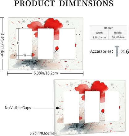 Vintage Watercolor Red Flowers Floral Light Switch Covers 3 Gang Rocker Decorative Triple Outlet Wall Plate Cover Electrical GFCI Switchplate for Bedroom Bathroom Decor