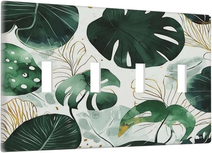 Boho Tropical Green Leaf Watercolor Banana Leaves Light Switch Covers Quad Toggle Electrical Faceplate 4 Gang Wall Plate Decorative Switch Plates For Bed Room Living Room Decor
