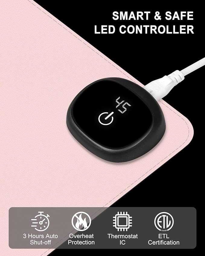 Heated Desk Pad, 31.5" x 13" Leather Non-Slip Warm Desk Pad, Large Mouse Mat with 3 Levels Heating & 3 Hours Auto Shut-Off, Hand and Foot Warmer for Office, Home, Pink