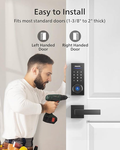 Philips Front Door Lock Set, Electronic Fingerprint Lock with 2 Lever Handles, Keyless Entry Door Lock with Handles, Auto Locking, Fingerprint Unlock, Touchscreen Keypad with Key