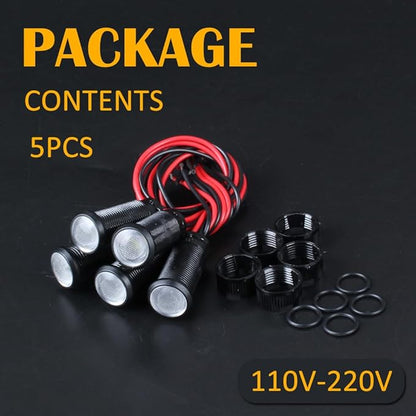 5pcs 10mm LED Indicator Light Plastic Black Signal Dot Lamp 110-220VAC 2/5" Mounting Hole Size with 15cm/5.9in. Wire (White LED)