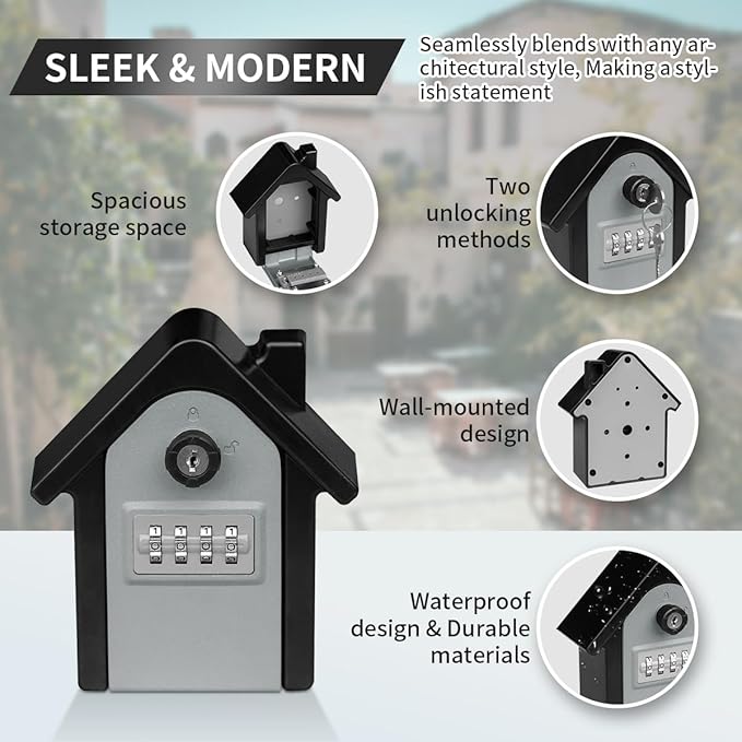 Key Lock Box with Combination lock & Key lock, Portable Large Capacity Key Storage Box Wall Mounted, Resettable Code, Waterproof Security Lock Box for Home, Office, Garage, Realtors Gray(1 Pack)