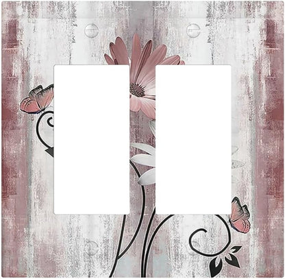 Decorative Outlet Covers Pink White Daisy Butterfly Wood Grain 2 Gang Double GFCI Rocker Electrical Wall Panels Light Switch Cover Plate for Farmhouse Bathroom Decor