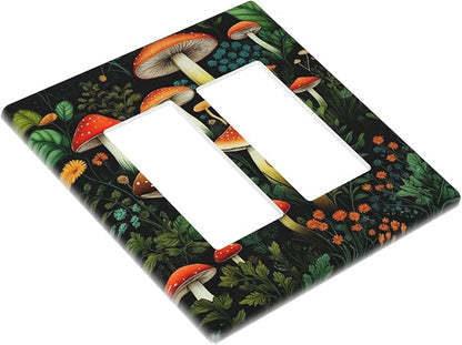 Decorative Outlet Covers Boho Red Mushroom Green Leaf Plants Floral 2 Gang Wall Plate Double Rocker Switch Light Switch Plate Covers Jumbo Dual Electrical GFCI Switch Cover Plate