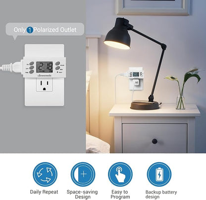 DEWENWILS 24 Hour Outlet Timer, 125V 15A 1000W Timers for Electrical Outlets, 1 Polarized Outlet, Digital Light Timer for Christmas Decor, Lamp, Fan, Aquarium, 1/2 HP, 2 Pack, UL Listed