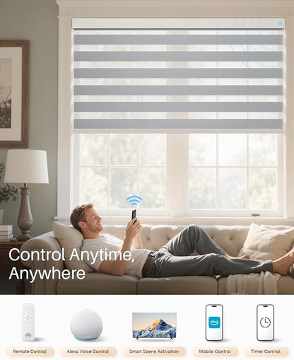 Smart Zebra Blinds for Windows, Alexa Motorized Blinds with Remote Control, Automatic Electric Power Zebra Shades for Indoor Windows (59" W x 72" H, Gray Fabric & White Shell)