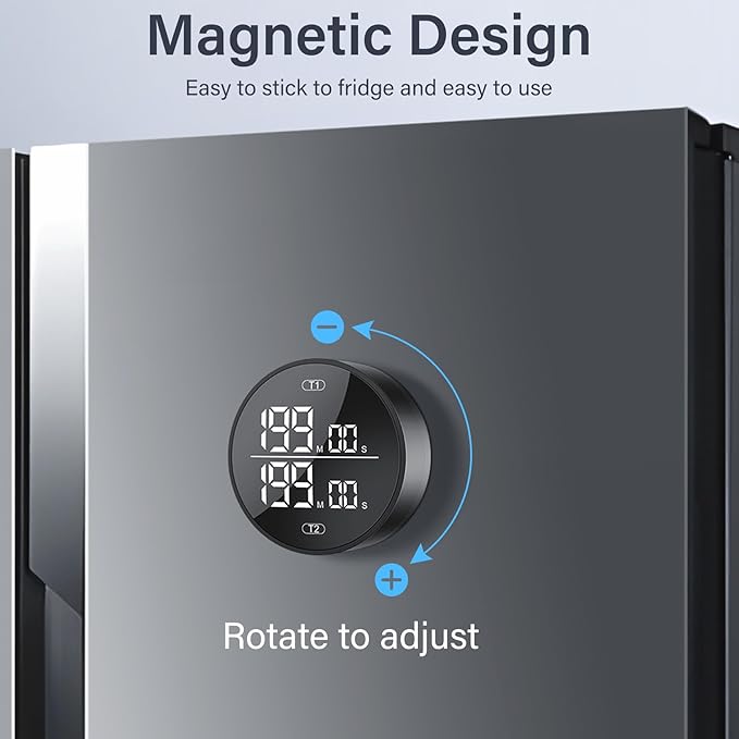 Dual Digital Kitchen Timer for Cooking, 199 Minutes Countdown & Stopwatch, Productivity Timer for Fridge, Big Digits, High-Definition Display, Rotary Adjustment, 3 Volumes, 2 Brightness Levels, Black