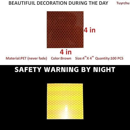 Non Fading Brown Reflective Stickers 4 inch X 4 inch, Outdoor Waterproof High Visibility Warning Safety Adhesive Reflector Tape (100 Pcs)