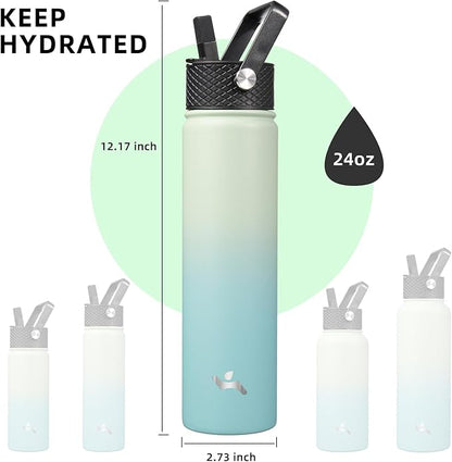 Insulated Water Bottle 24oz Stainless Steel Sport Bottles with 3 Lids,Mint