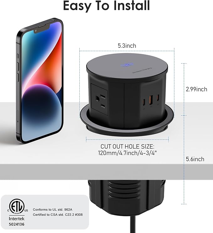 ANNQUAN 4.75" Pop Up Outlet with 65W USB-C,15W Wireless Charger,4 Outlets,3 USB Ports,Pop Up Countertop Receptacle Outlet for Home Office Kitchen