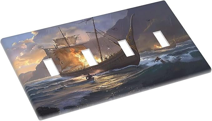 Light Switch Cover Plate Medieval Vintage Sailing Adventure Sailings Ocean Waves 4 Gang Quad Toggle Wall Plate Electrical Outlet Cover Decorative Switch Plate Covers for Bedroom Cabin Decor