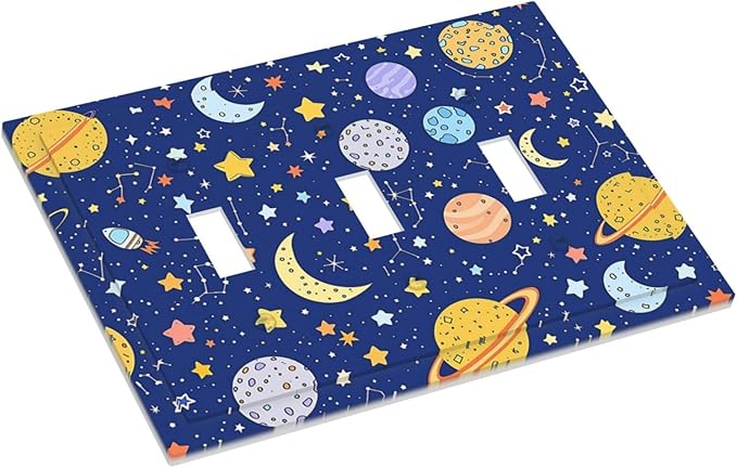 Stars Starry Night Sun Moon Planet Constellations Decorative Switch Plates 3 Gang Wall Plate Triple Toggle Light Switch Cover Electrical Wall Panels Faceplate for Bedroom Bathroom Decor
