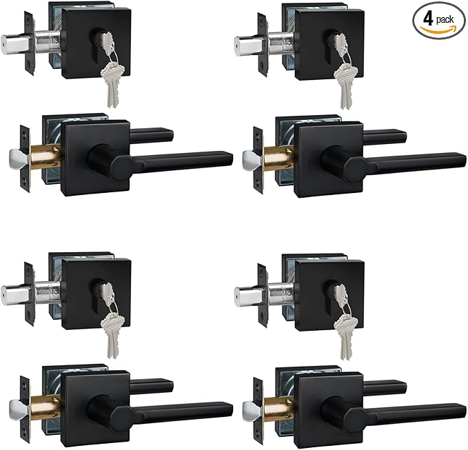 4 Sets Passage Door Lever and Single Cylinder Deadbolt Lock Set, Heavy Duty Square Handle for Entrance and Front Door, Matte Black, Different Keys