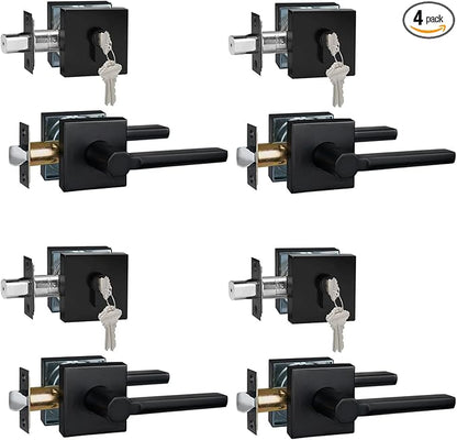 4 Sets Passage Door Lever and Single Cylinder Deadbolt Lock Set, Heavy Duty Square Handle for Entrance and Front Door, Matte Black, Different Keys