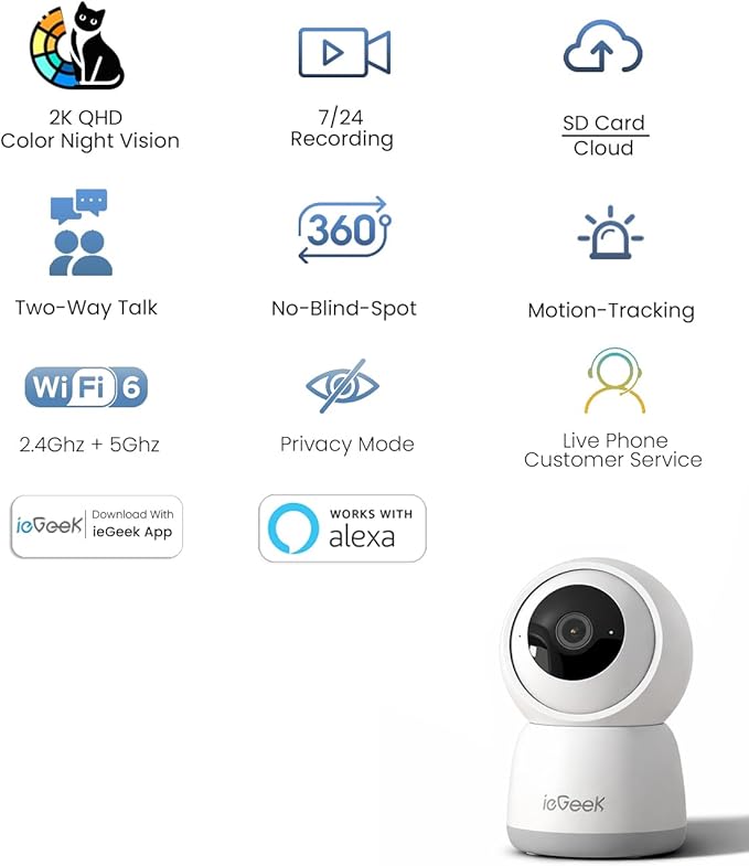 ieGeek 2K Indoor Security Camera, 5G/2.4G WiFi Pet Cameras for Home Security, 360° Dog Cam w/Auto Tracking, Smart Motion Detection, Phone App, Baby Monitor, 3MP Night Vision, Works with Alexa(2 Pack)