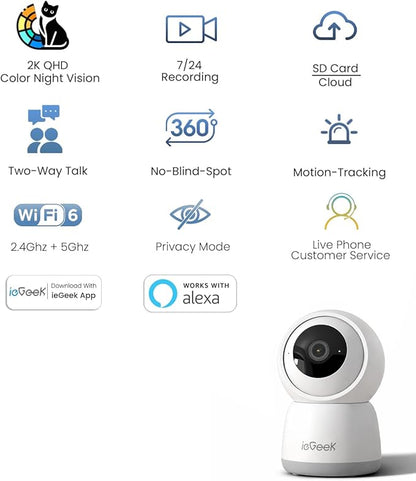 ieGeek 2K Indoor Security Camera, 5G/2.4G WiFi Pet Cameras for Home Security, 360° Dog Cam w/Auto Tracking, Smart Motion Detection, Phone App, Baby Monitor, 3MP Night Vision, Works with Alexa(2 Pack)