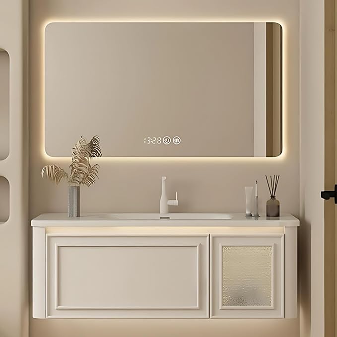 40IN Wall Mounted Bathroom Vanity Set - Wood Bathroom Vanities has Tissue Hole Design | Includes Smart Defogging Mirror Cabinet & Time Display, Rounded Corners, Glass Cabinet Doors (Style B)