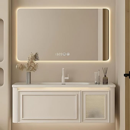 36IN Wall Mounted Bathroom Vanity Set - Wood Bathroom Vanities has Tissue Hole Design | Includes Smart Defogging Mirror Cabinet & Time Display, Rounded Corners, Glass Cabinet Doors (Style B)