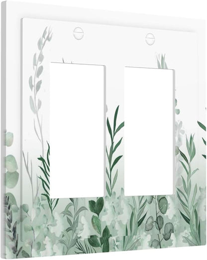 Watercolor Green Leaf Rustic Plant Eucalyptus Flowers Decorative Outlet Covers 2 Gang Double GFCI Rocker Electrical Wall Panels Light Switch Cover Plate for Bed Room Living Room Decor