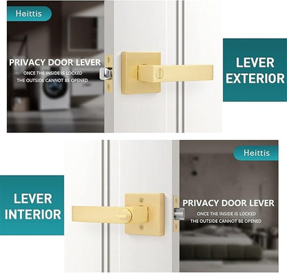 4 Pack Privacy Gold Bathroom Door Locks Square Heavy Duty Door Levers for Bed/Bath Room Interior Door Lock Keyless Door Handle for Left and Right Reversible