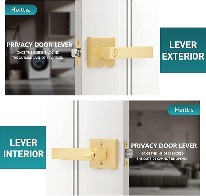 5 Pack Privacy Gold Door Knobs Square Heavy Door Levers for Bed/Bath Room Interior Door Lock Keyless Door Handle for Left and Right Reversible
