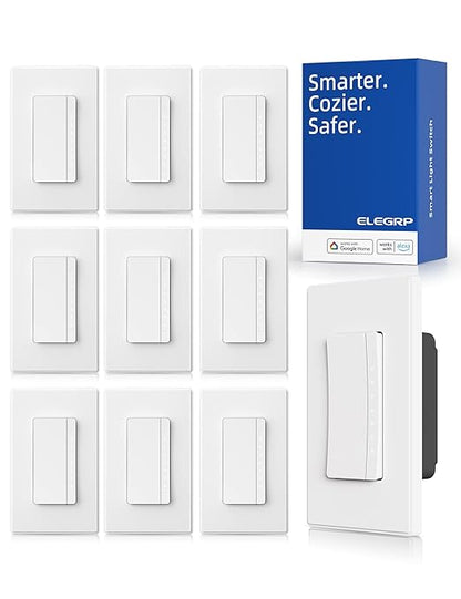 ELEGRP Smart Dimmer Light Switch DPR30, 2.4GHz Wi-Fi Dimmer Switch Compatible with Alexa/Google Assistant, Single Pole/3 Way, Needs Neutral Wire, No Hub Required, UL and FCC Listed, White, 10 Pack