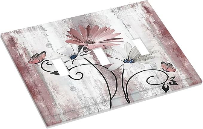 Decorative Switch Plates Pink White Daisy Butterfly Wood Grain 3 Gang Wall Plate Triple Toggle Light Switch Cover Faceplate Electrical Wall Panels for Farmhouse Bathroom Decor