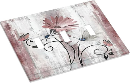 Decorative Switch Plates Pink White Daisy Butterfly Wood Grain 3 Gang Wall Plate Triple Toggle Light Switch Cover Faceplate Electrical Wall Panels for Farmhouse Bathroom Decor