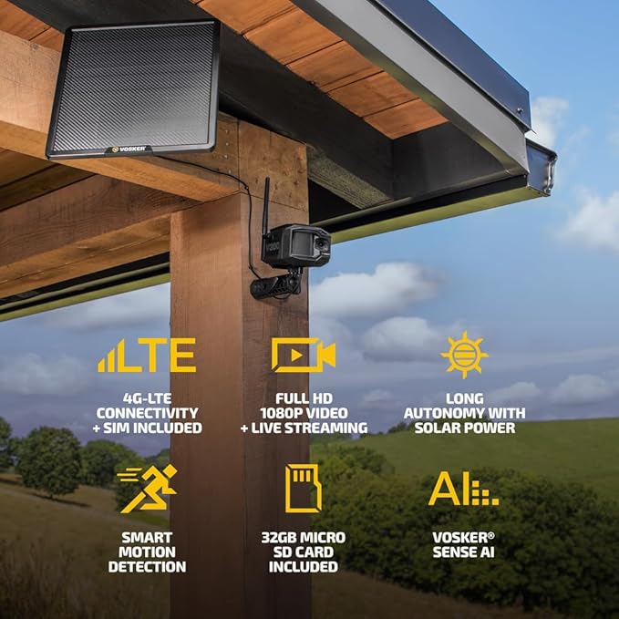 Vosker V300 Ultimate 4G-LTE Autonomous Outdoor Security Camera with External Solar Panel | High-Capacity 15,000 mAh External Solar Power Bank | SIM Cards Included | No WiFi Needed | Live Streaming