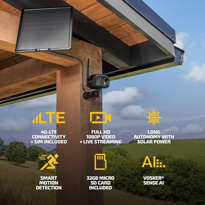Vosker V300 Ultimate 4G-LTE Autonomous Outdoor Security Camera with External Solar Panel | High-Capacity 15,000 mAh External Solar Power Bank | SIM Cards Included | No WiFi Needed | Live Streaming