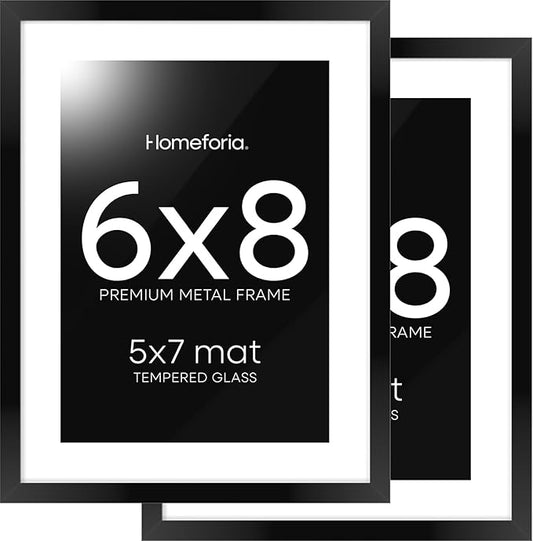 Homeforia 6x8 Picture Frame Black, High End Metal 6 x 8 Black Frames with Mat 5 x 7 for Art, 8x6 Desk Frame Matted to 5x7 inch Photo, 6 by 8 Wall or Tabletop Frames, Tempered Glass, Wall Kit, Set of 2