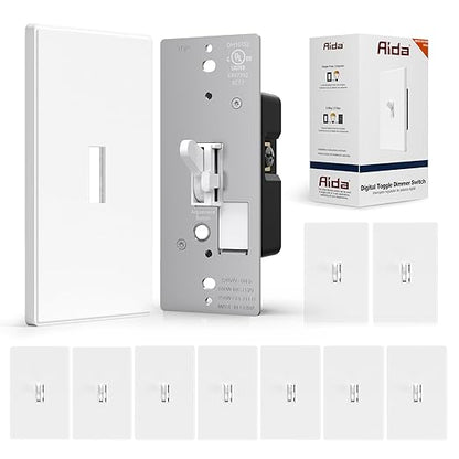 AIDA Digital Toggle Dimmer Switch for Dimmable LED, CFL & Incandescent Bulbs, Single Pole/3-Way, Screwless Wall Plate Included, UL Listed, No Neutral Wire Needed, Matte White (10 Pack)