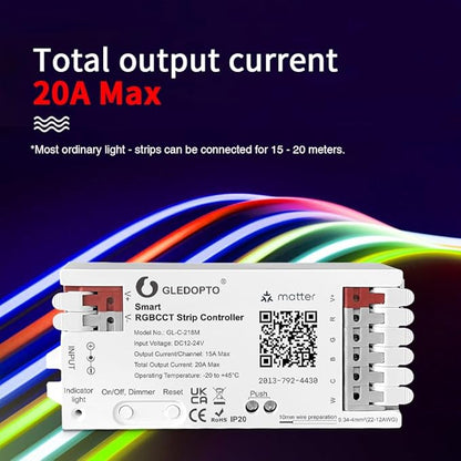 GLEDOPTO Matter RGBCCT LED Controller 20A Current Max for PWM Analog LED Strip Light APP Voice Control RGBW RGB Dimmable Work with Homekit Google Amazon Echo Alexa (Matter Hub Required)