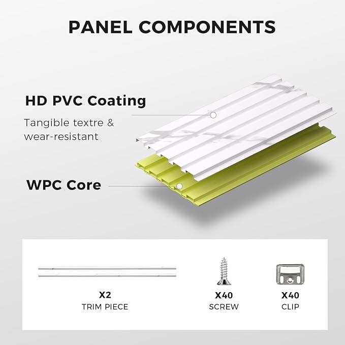 OUZUGIE WPC Acoustic Slat Wall Paneling, 8-Pack 114 x 6 Inches 3D Wall Panels for Interior Wall Decor,Living Room,TV Background,Study Room,Office Spaces,Bedroom,Low Grille (White)